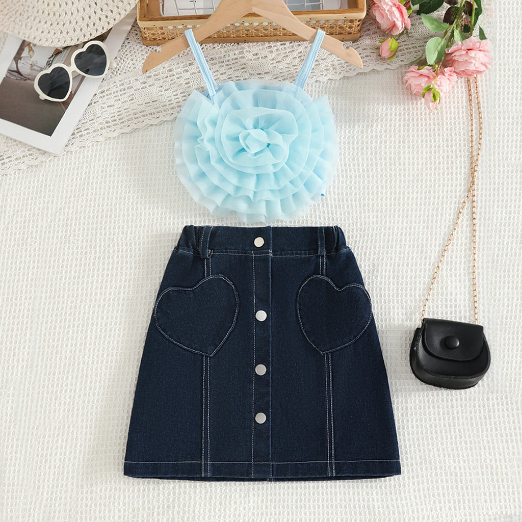 Girls Sky Blue 3D Flower Applique Crop Top With Denim Skirts Set Sets Sky Blue 2-3 Y