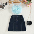 Girls Sky Blue 3D Flower Applique Crop Top With Denim Skirts Set Sets Sky Blue 2-3 Y
