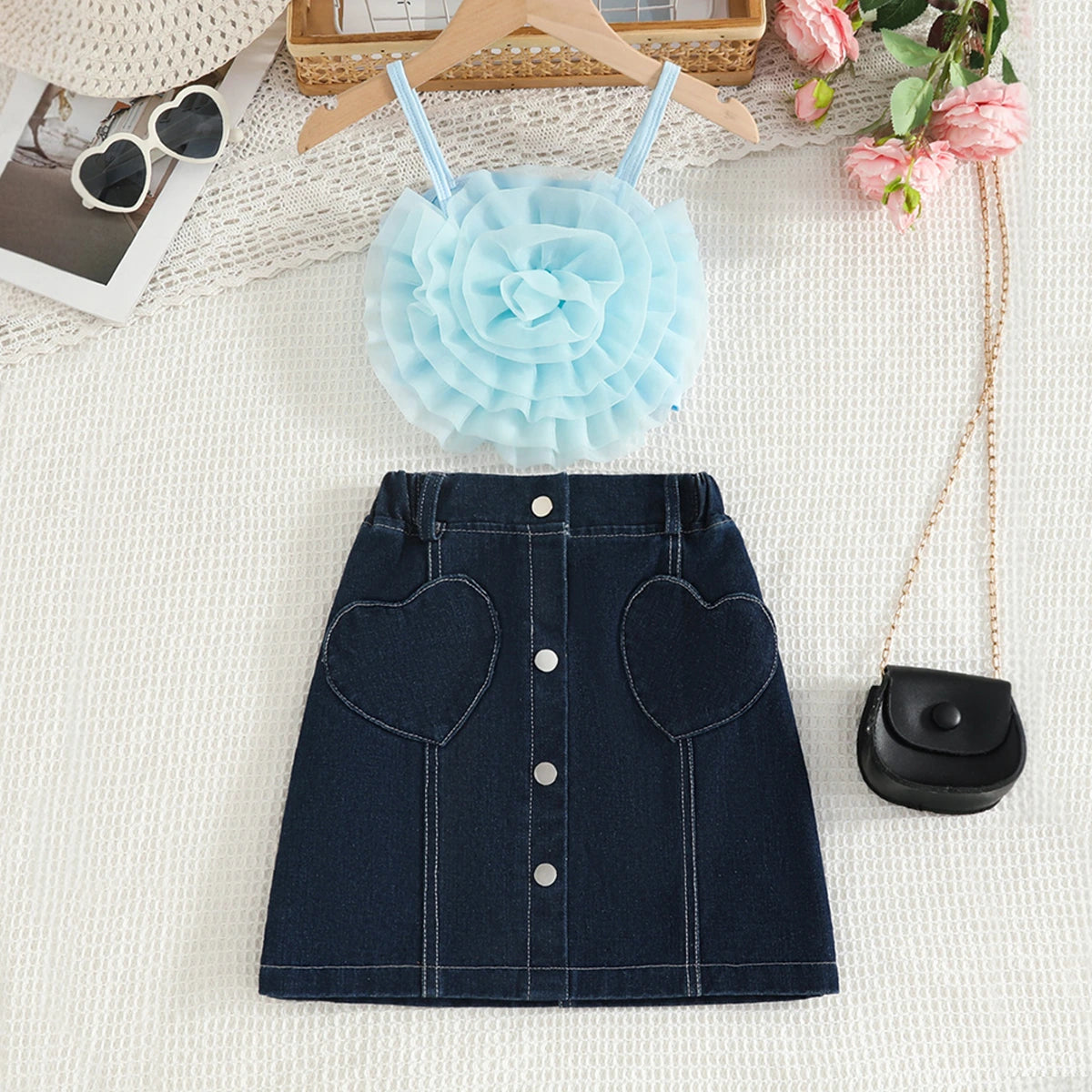 Girls Sky Blue 3D Flower Applique Crop Top With Denim Skirts Set Sets Sky Blue 2-3 Y