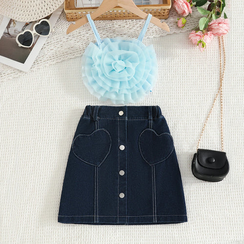 Girls Sky Blue 3D Flower Applique Crop Top With Denim Skirts Set Sets Sky Blue 2-3 Y