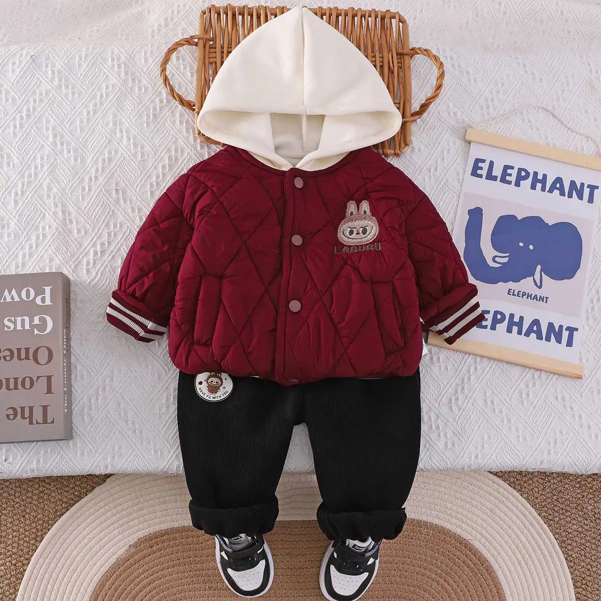 Boys Red Quilted Puffer Hooded Jacket With Jogger Sets Sets