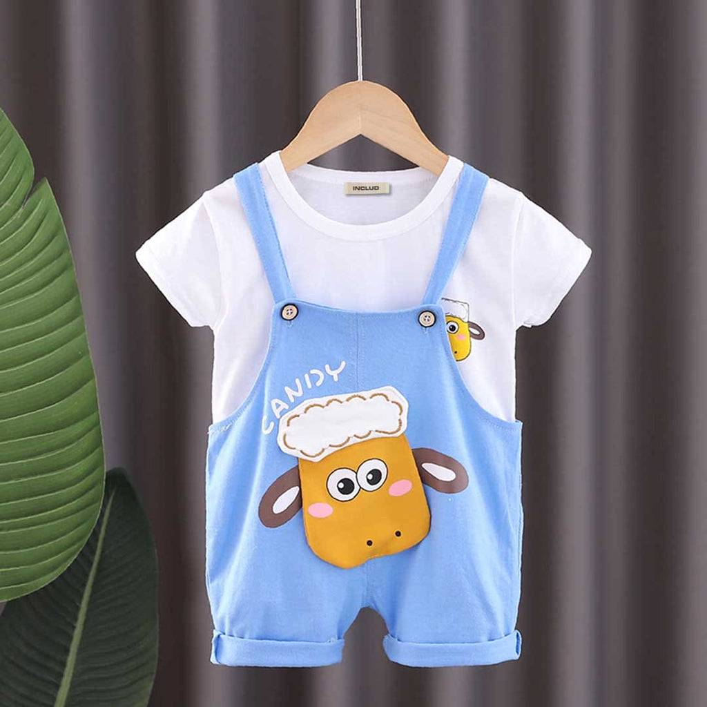 Boys Printed T-shirt with Sheep Patch Dungaree Set