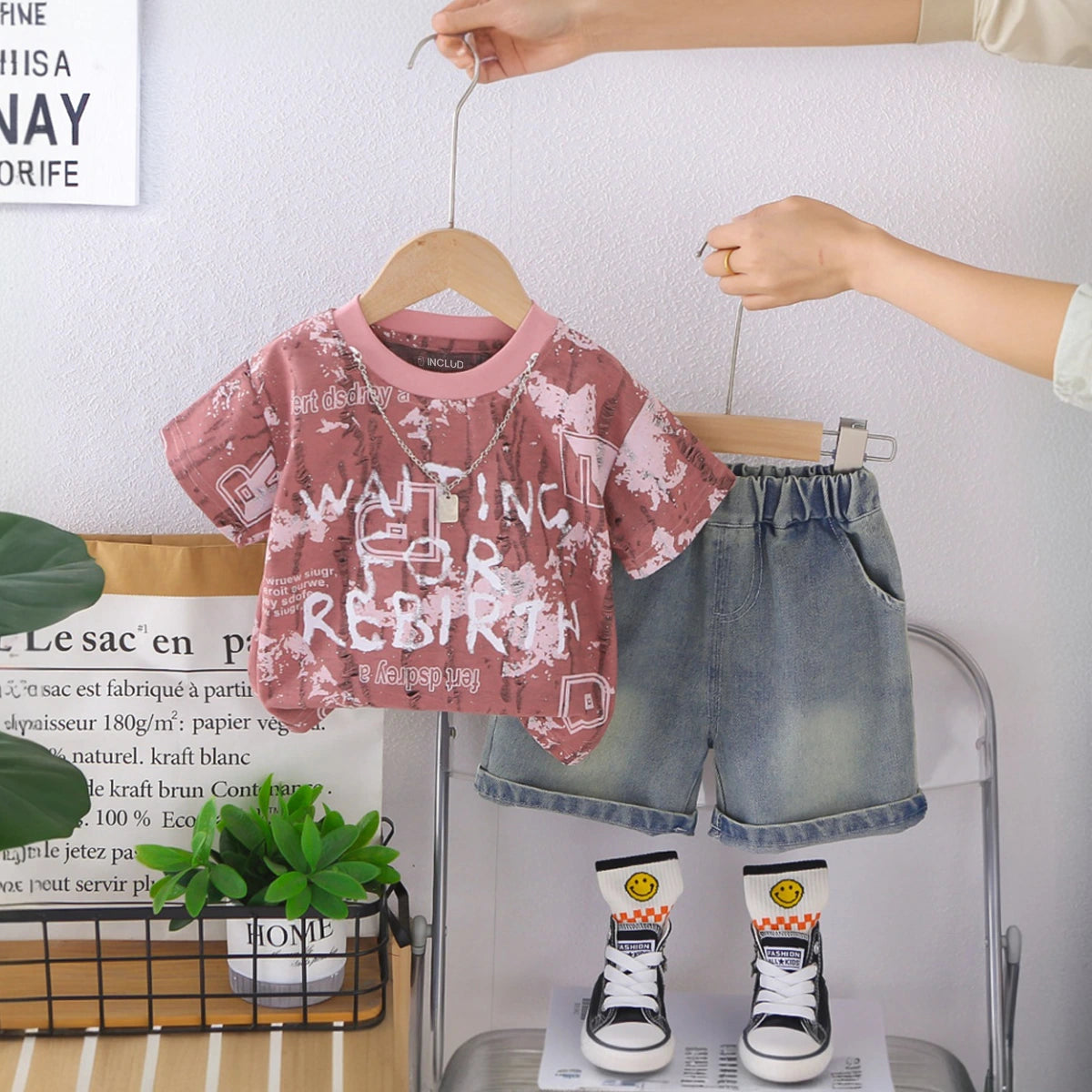 Boys Dark Pink Typographic Print T-Shirt With Denim Shorts Set Sets Pink 1-2 Y