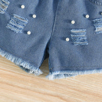 Girls Orange Ruffle Applique Sleeveless Top With Denim Short And Self Fabric Belt Sets 2 pc. Sets