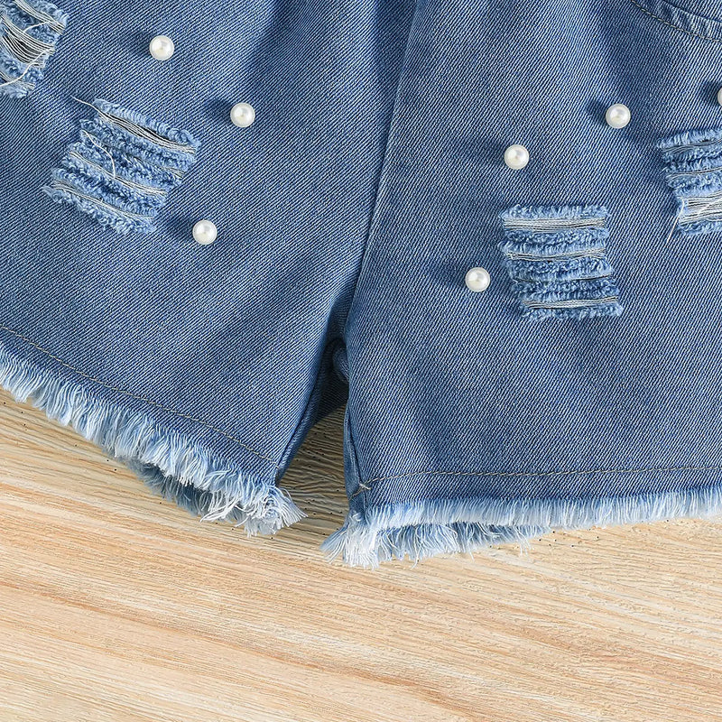Girls Orange Ruffle Applique Sleeveless Top With Denim Short And Self Fabric Belt Sets 2 pc. Sets