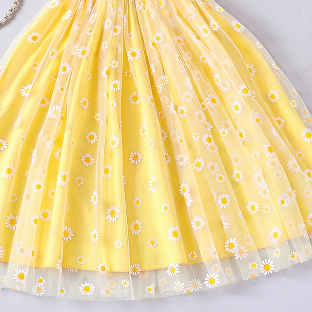 Girls Yellow Floral Print Sleeveless Fit & Flare Dress Casual Dresses