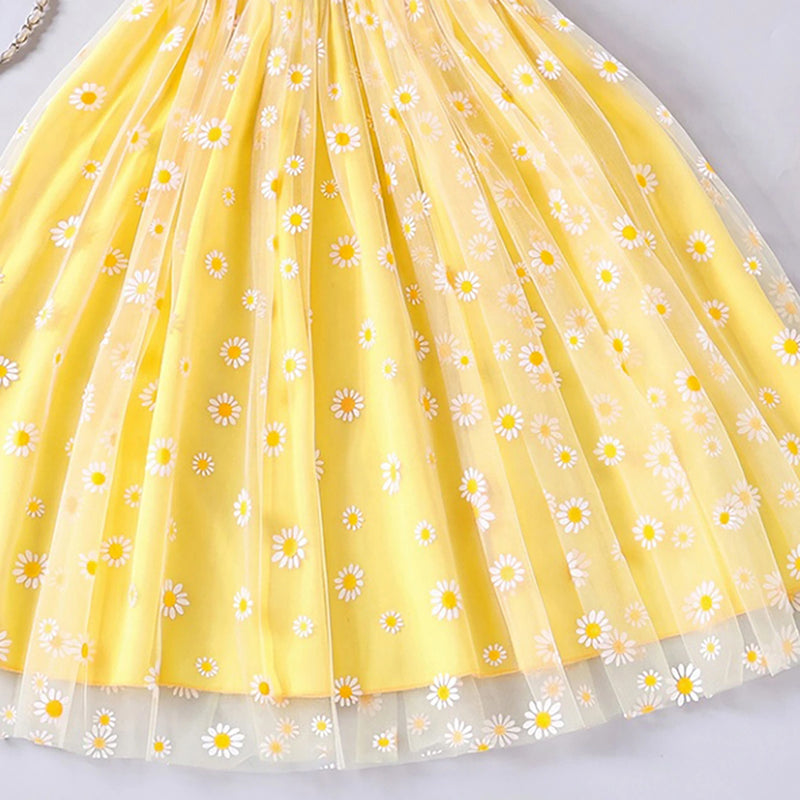 Girls Yellow Floral Print Sleeveless Fit & Flare Dress Casual Dresses