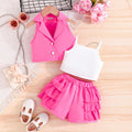Girls Fuchsia Waistcoat with Spaghetti Top & Tiered Ruffle Shorts Set 3 pc. Sets Fuchsia 2-3 Y