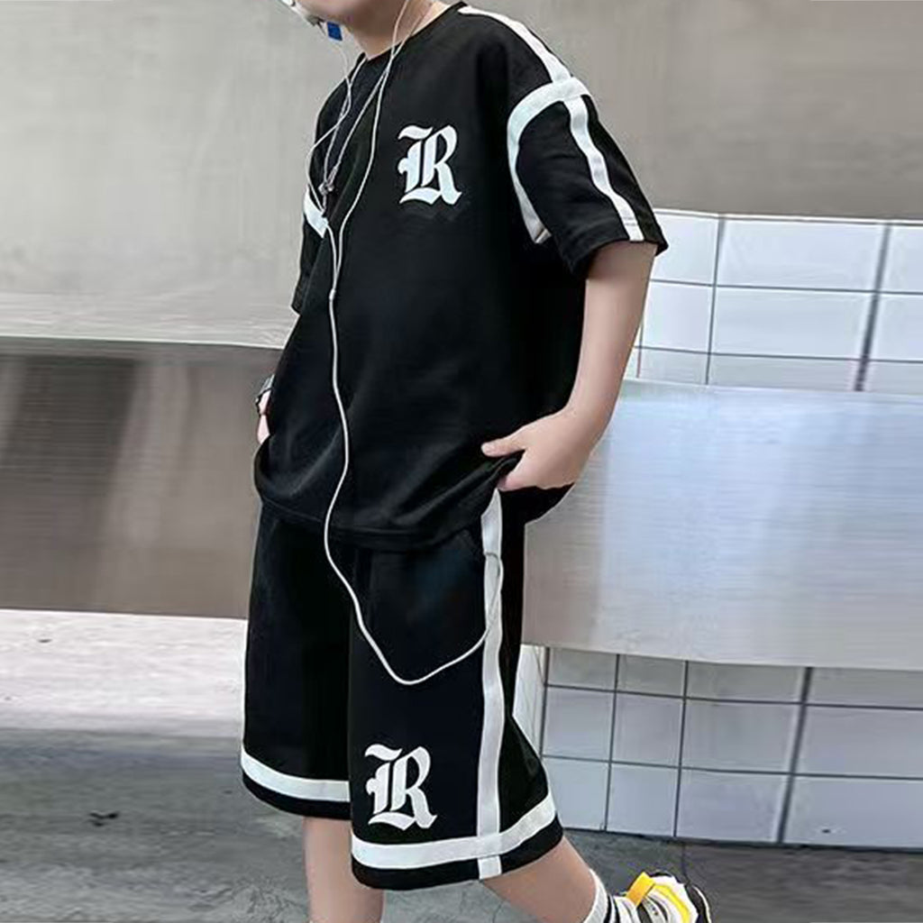 Boys Black Typographic Printed Short Sleeve T-Shirt With Shorts Sets 2 pc. Sets
