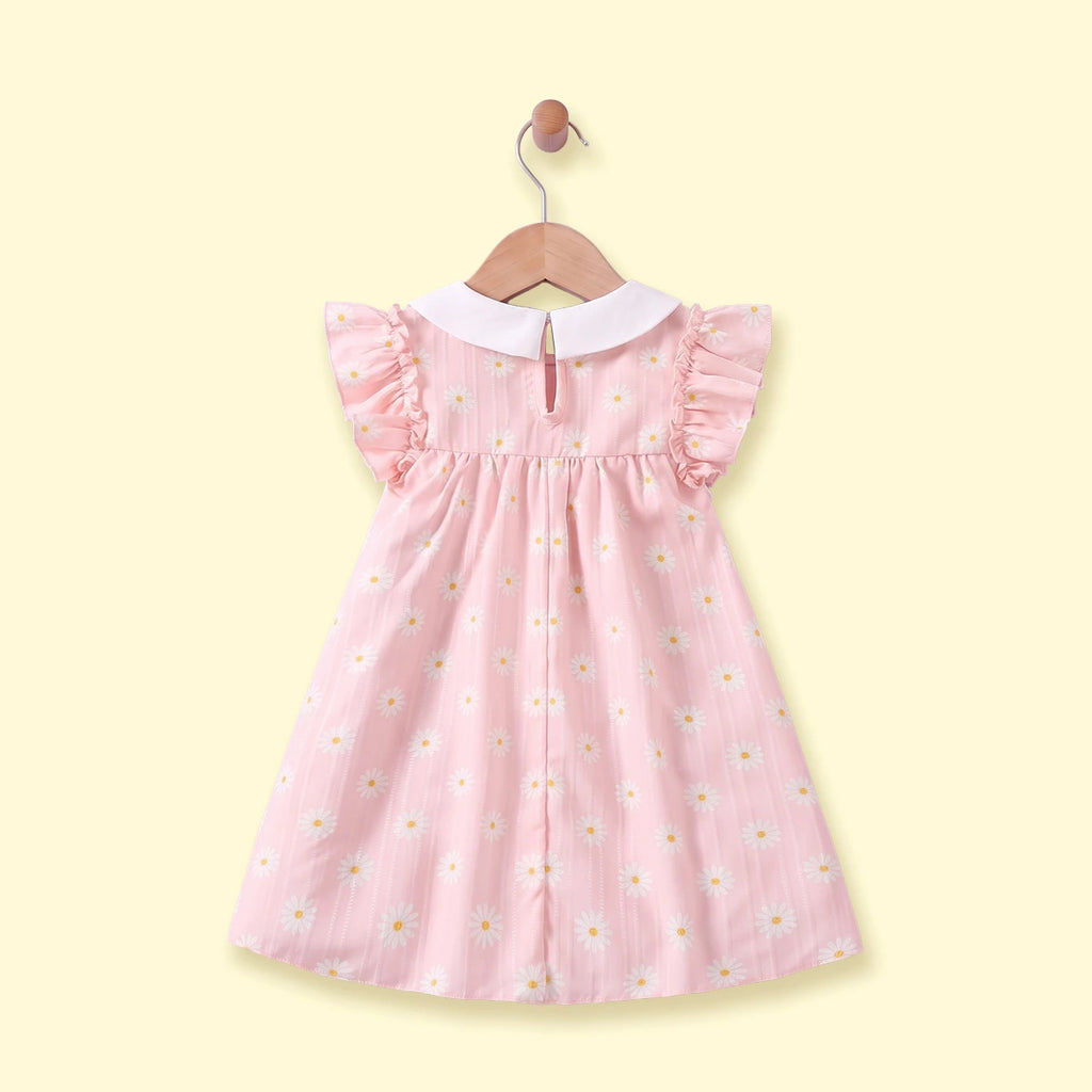 Girls Light Pink Floral Print Flutter Sleeve A-line Dress Casual Dresses