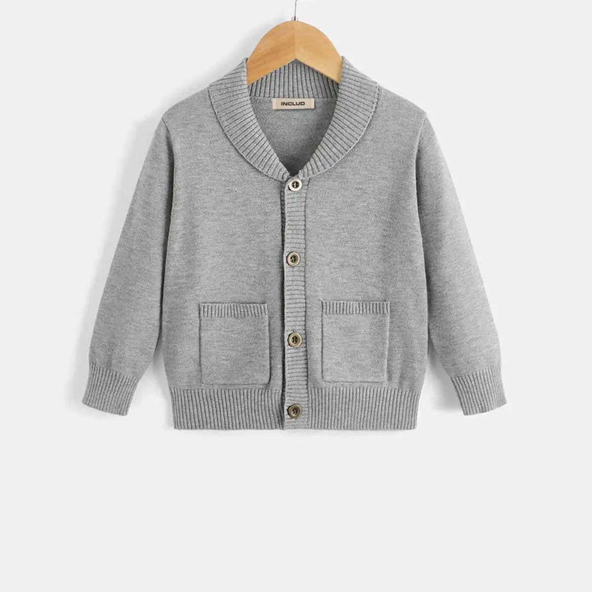 Girls Grey Solid Cardigan With Patch Pockets Sweaters & Cardigans