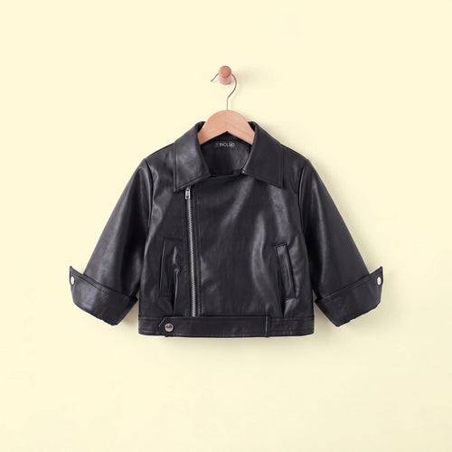 Girls Black Faux Leather Long Sleeve Jacket Coats & Jackets Black 1-2 Y