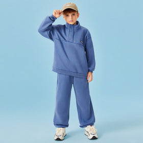 Boys Blue Solid High Neck Sweatshirt With Joggers Winter Co-ord Sets 2 pc. Sets Blue 7-8 Y