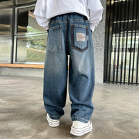 Boys Blue Embroidered Loose Fit Denim Jeans Pants