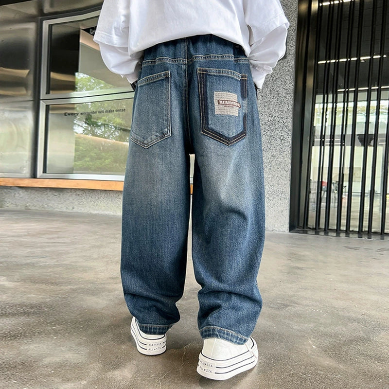 Boys Blue Embroidered Loose Fit Denim Jeans Pants