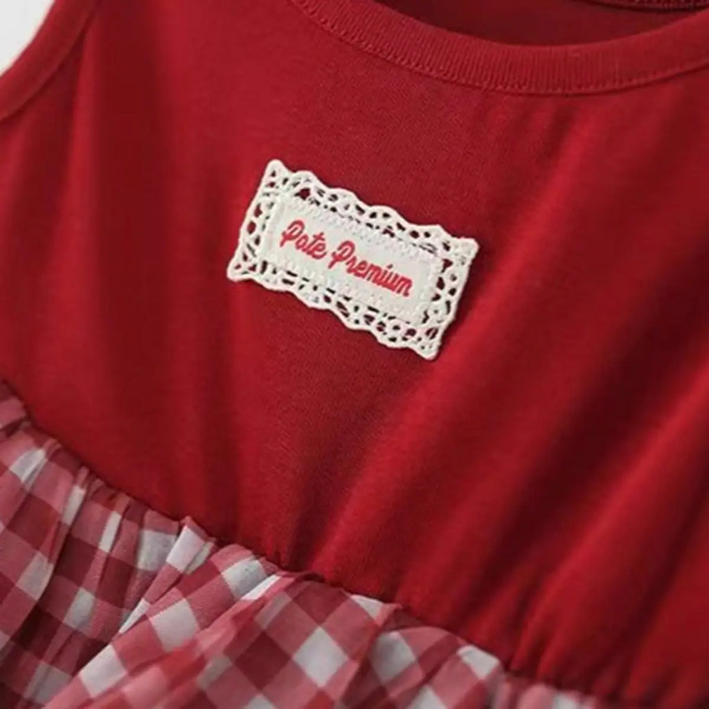 Girls Red Checked Sleeveless Layered Dress Casual Dresses
