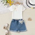 Girls White Floral Applique T-Shirt With Denim Shorts Sets Sets White 3-4 Y