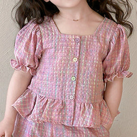 Girls Pink Checked Puff Sleeves Top With Pants Co-ord Sets Sets