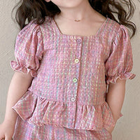 Girls Pink Checked Puff Sleeves Top With Pants Co-ord Sets Sets