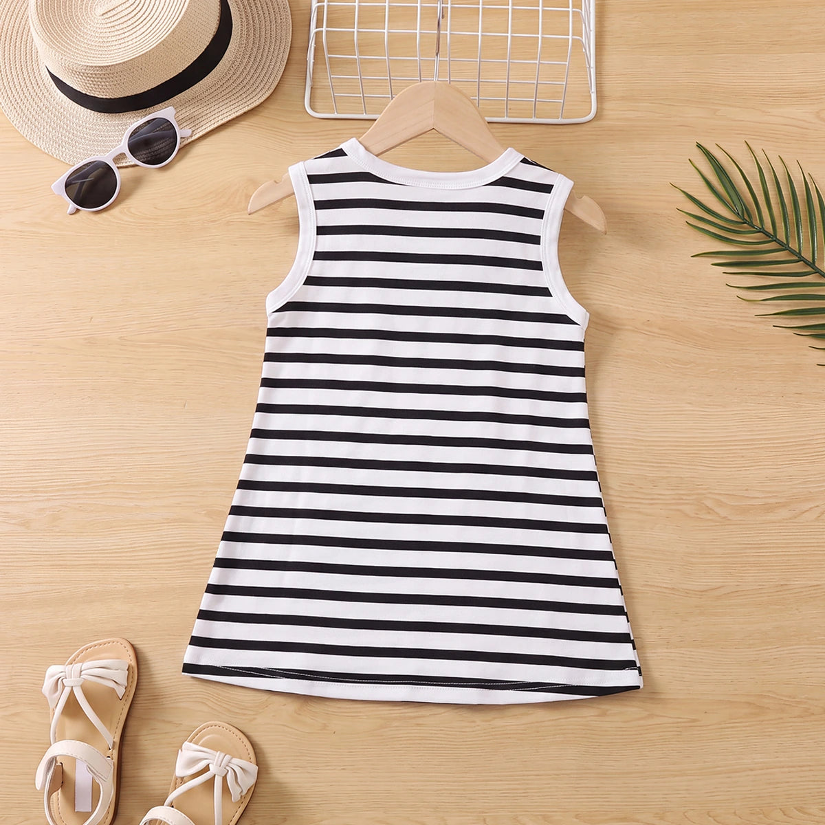 Girls Black Striped Sleeveless Midi Dress Casual Dresses