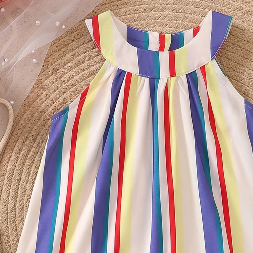 Girls Blue Sleeveless Striped Flared Dress Casual Dresses