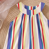 Girls Blue Sleeveless Striped Flared Dress Casual Dresses