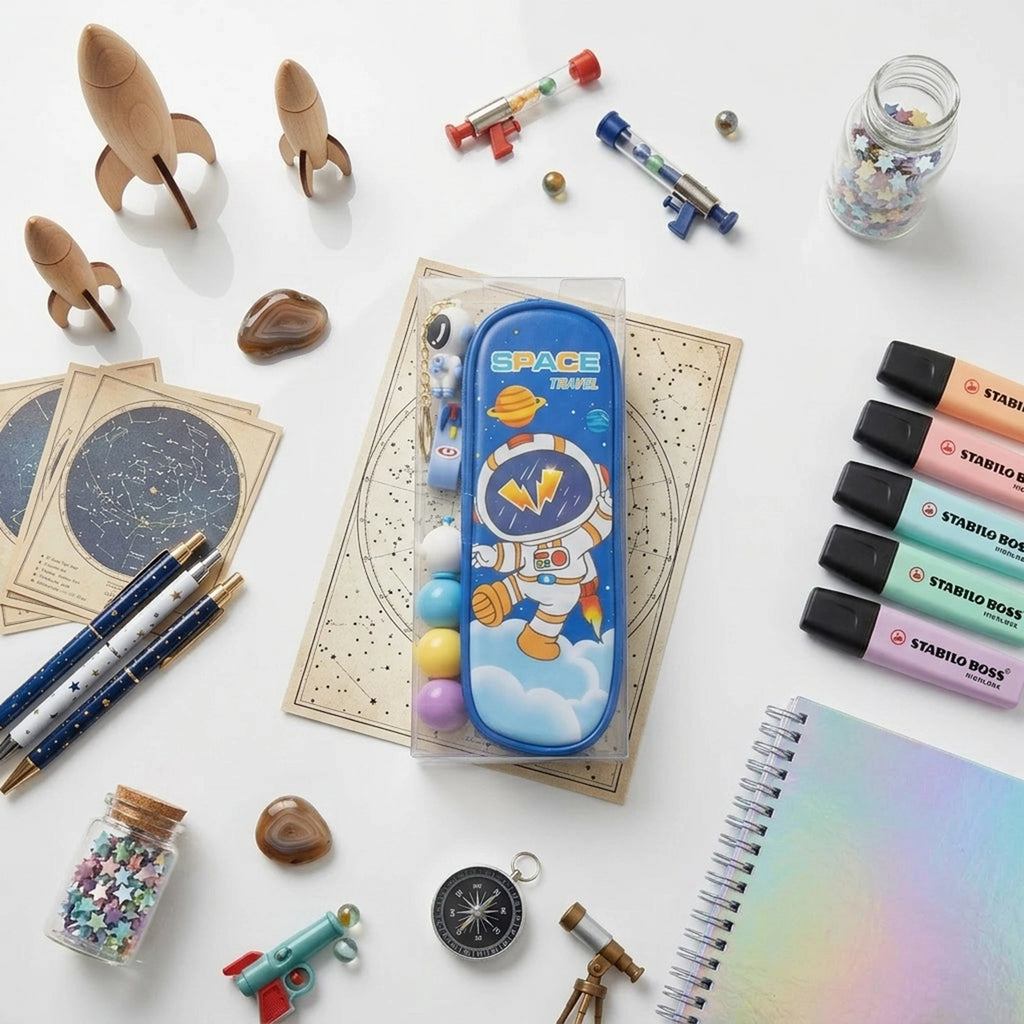 Boys Blue Space Astronaut Pencil Box With Keychain Trending Accessories