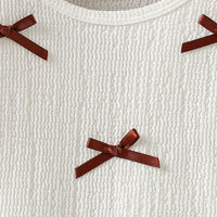 Girls White Textured Bow Applique Top With Faux Leather Skirts Set Sets