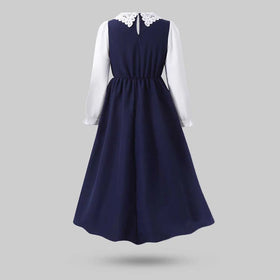 Girls Navy Blue Solid Lace Neck Long Sleeves Fit & Flare Midi Dress Casual Dresses