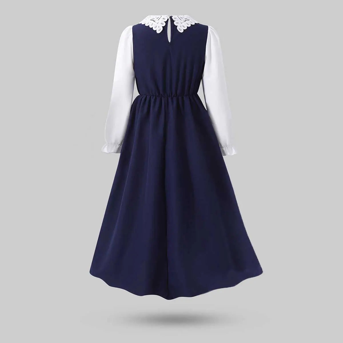 Girls Navy Blue Solid Lace Neck Long Sleeves Fit & Flare Midi Dress Casual Dresses