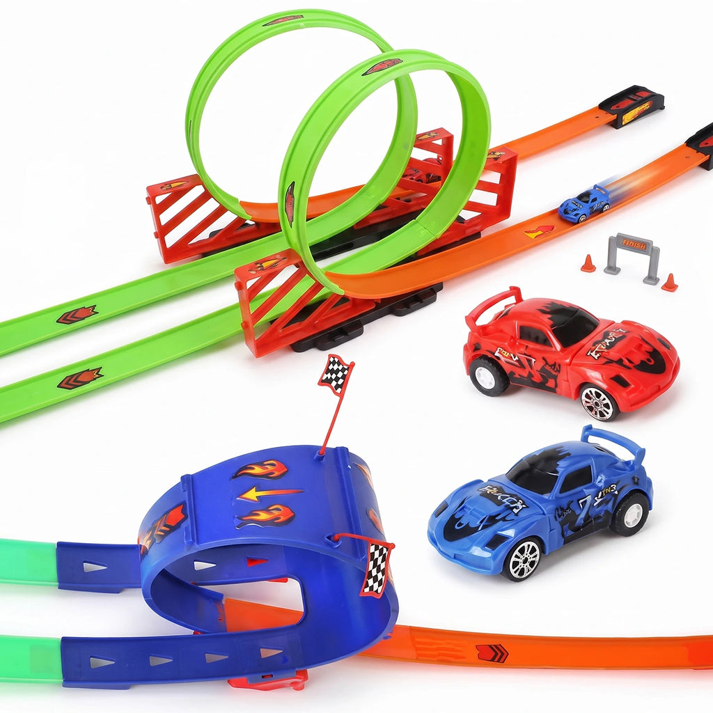 Unisex multicolor racing track toy set with 360 corkscrew loops and miniature cars.