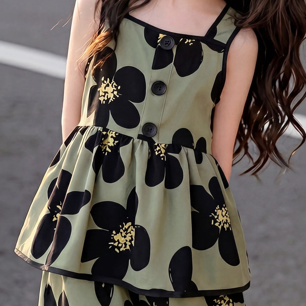 Girls Olive Green Floral Print Square Neck Top With Elasticated Shorts Sets 2 pc. Sets