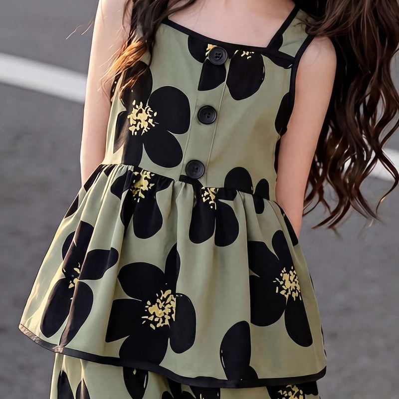 Girls Olive Green Floral Print Square Neck Top With Elasticated Shorts Sets 2 pc. Sets