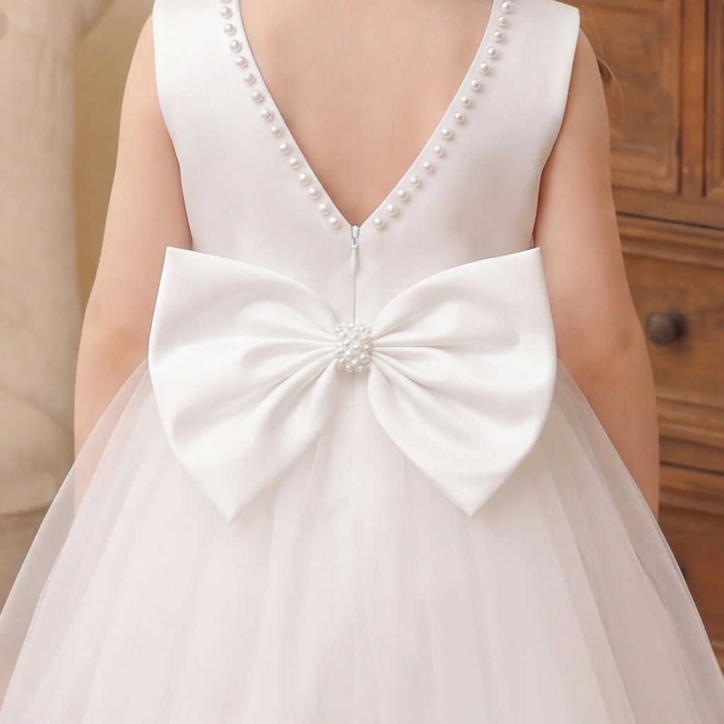 Girls Off White Beaded Neck Sleeveless Fit & Flare Party Wear Dress Party Dresses