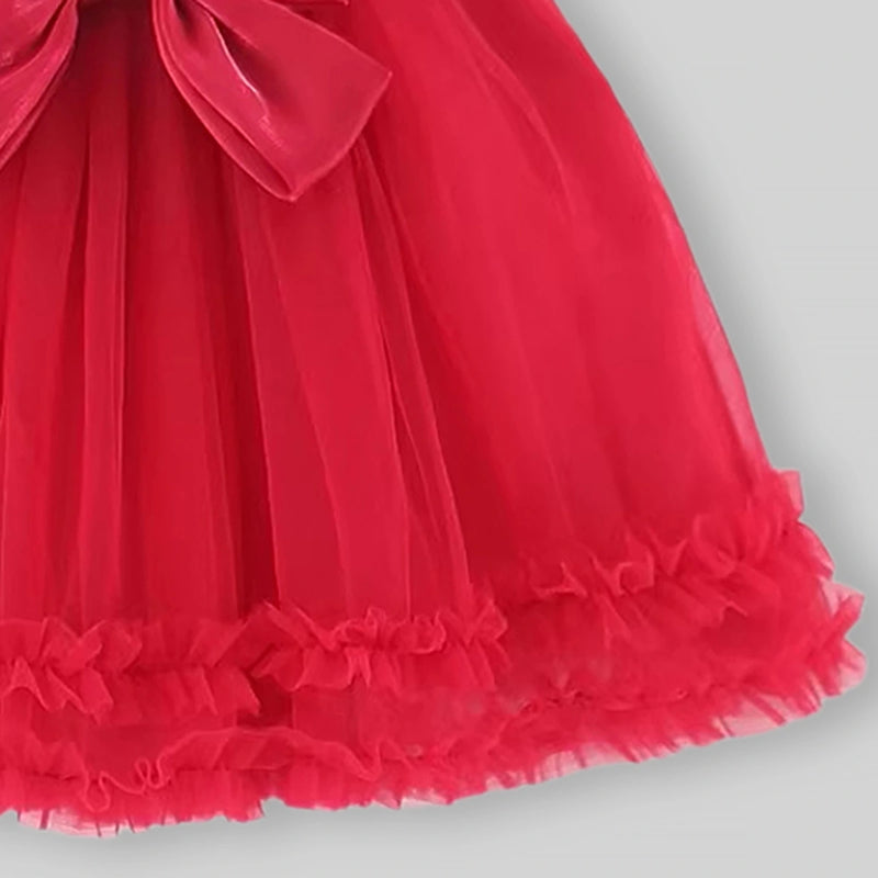 Girls Red Ruffled Tulle Overlay Fit & Flare Dress With Bow Detail Casual Dresses