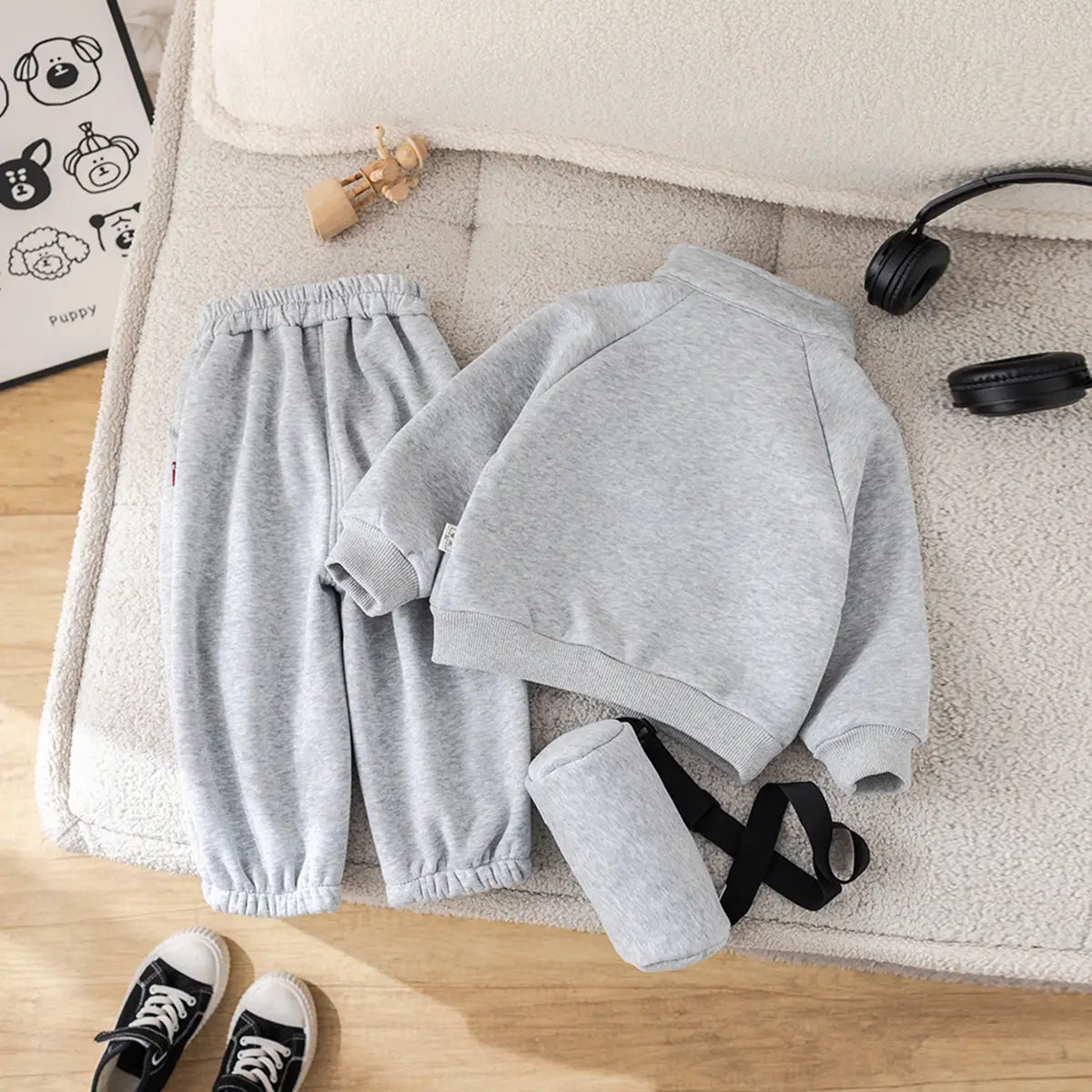 Boys Grey Alphanumeric Printed Regular Sweatshirt With Trouser Sets 3 pc. Sets