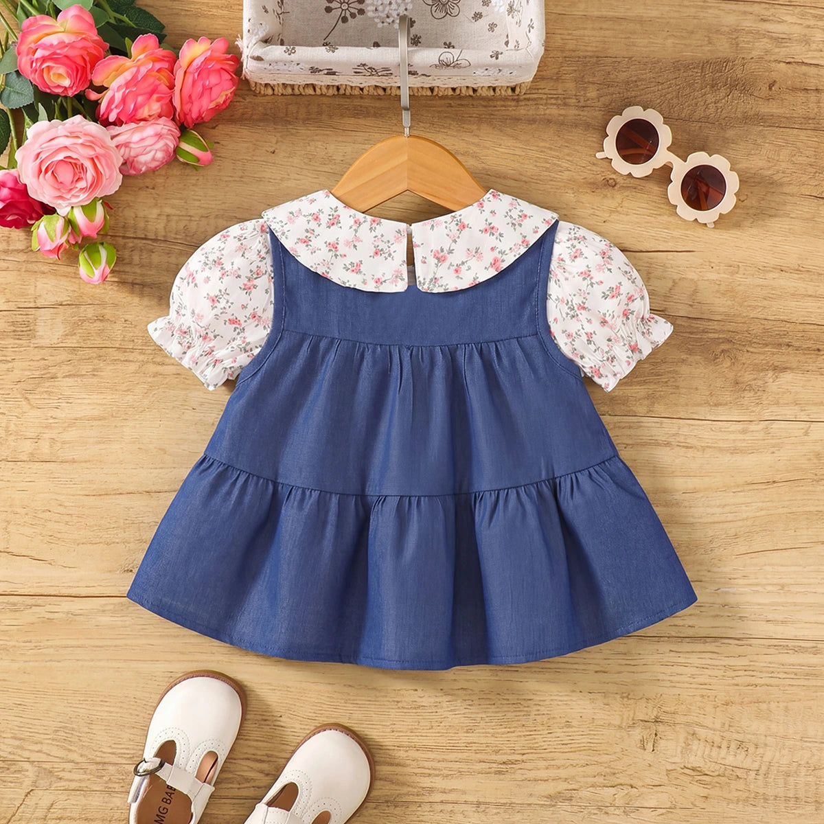 Girls Blue Solid Sleeveless Tiered Dress With Floral Printed Inner Top Casual Dresses