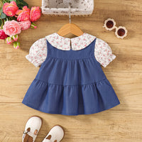 Girls Blue Solid Sleeveless Tiered Dress With Floral Printed Inner Top Casual Dresses