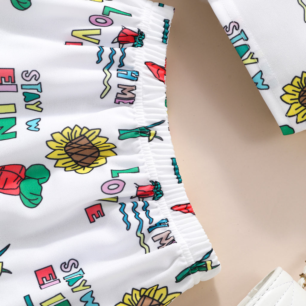 Girls White Printed Short Sleeve Shirt With Skirt Set 2 pc. Sets