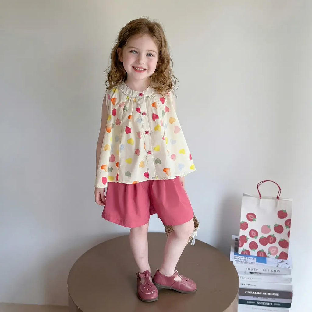 Girls Pink Heart Print Button-Down Top With Shorts Sets Sets Pink 1-2 Y