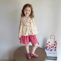 Girls Pink Heart Print Button-Down Top With Shorts Sets Sets Pink 1-2 Y