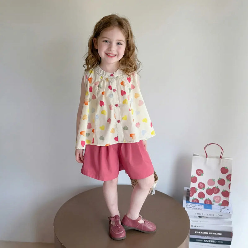 Girls Pink Heart Print Button-Down Top With Shorts Sets Sets Pink 1-2 Y