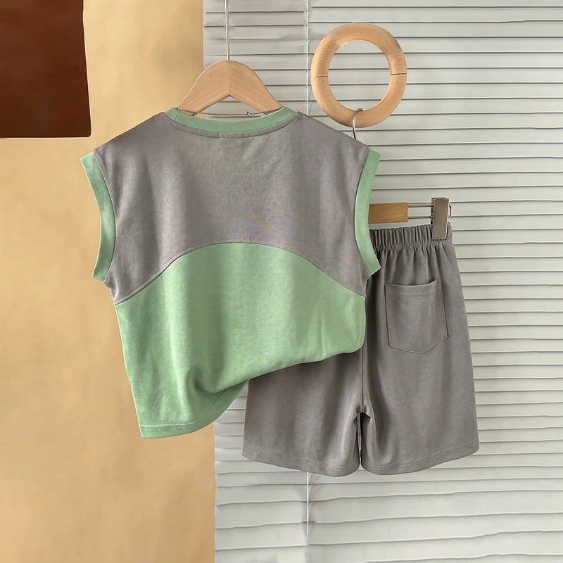 Boys Grey Sleeveless Typography Print T-Shirt With Shorts Sets 2 pc. Sets