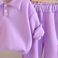 Girls Purple Solid Polo Neck Sweatshirt With Joggers Co-ord Set 2 pc. Sets