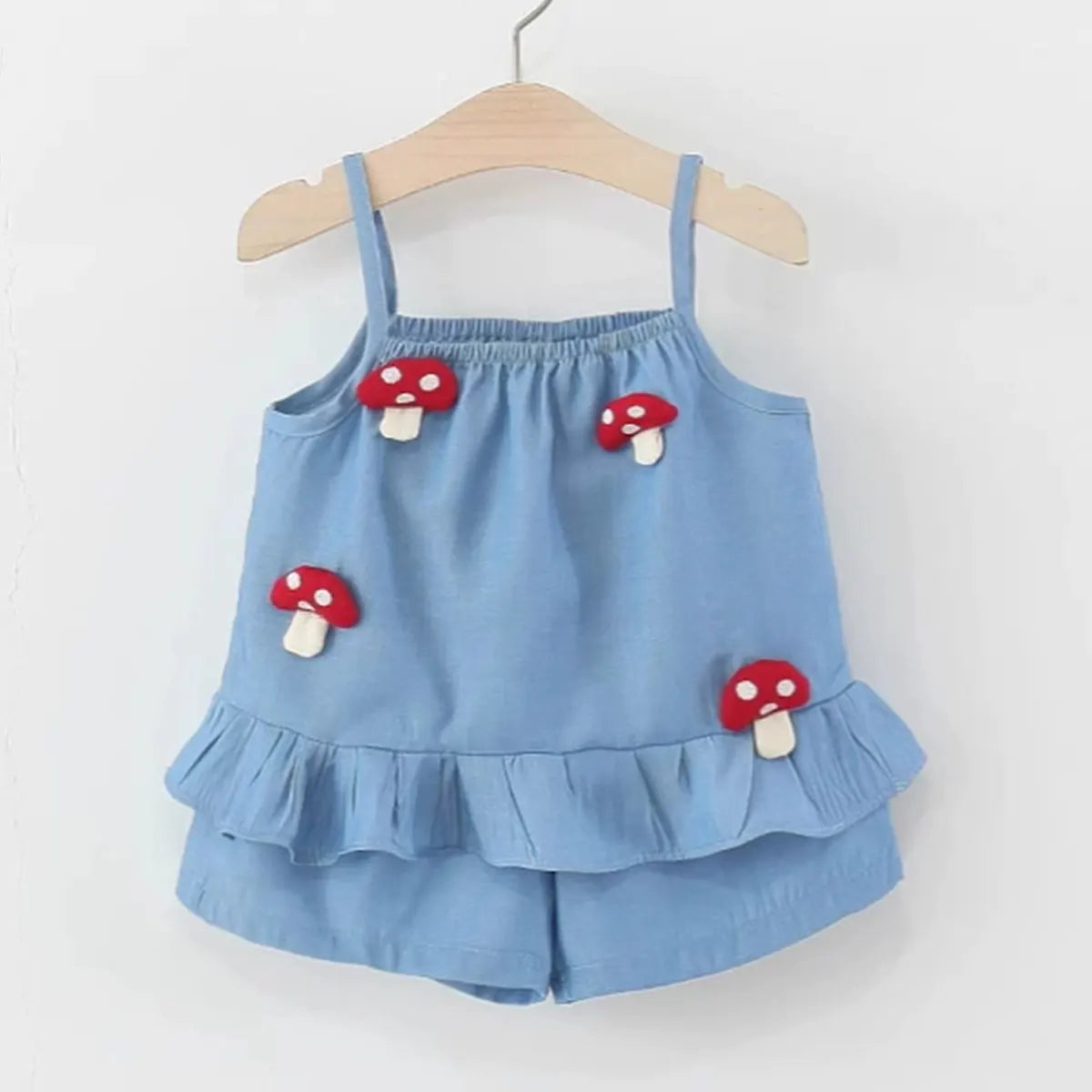 Girls Blue Mushroom Applique Peplum Top With Shorts Set Sets