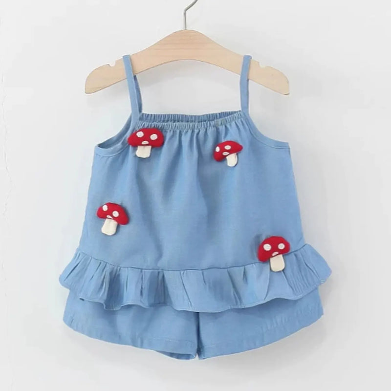 Girls Blue Mushroom Applique Peplum Top With Shorts Set Sets