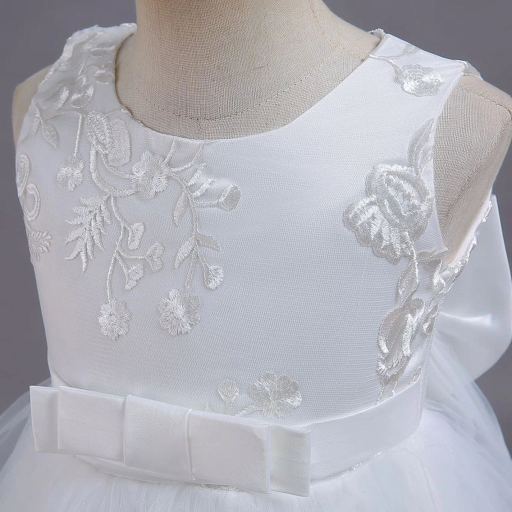 Girls White Embroidered Sleeveless Layered Party Dress With Bow Party Dresses