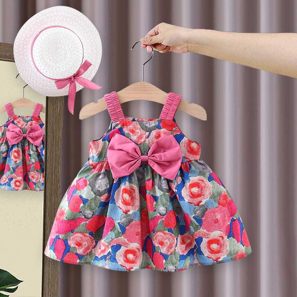 Girls Sleeveless Floral Printed Dress With Bow Casual Dresses   