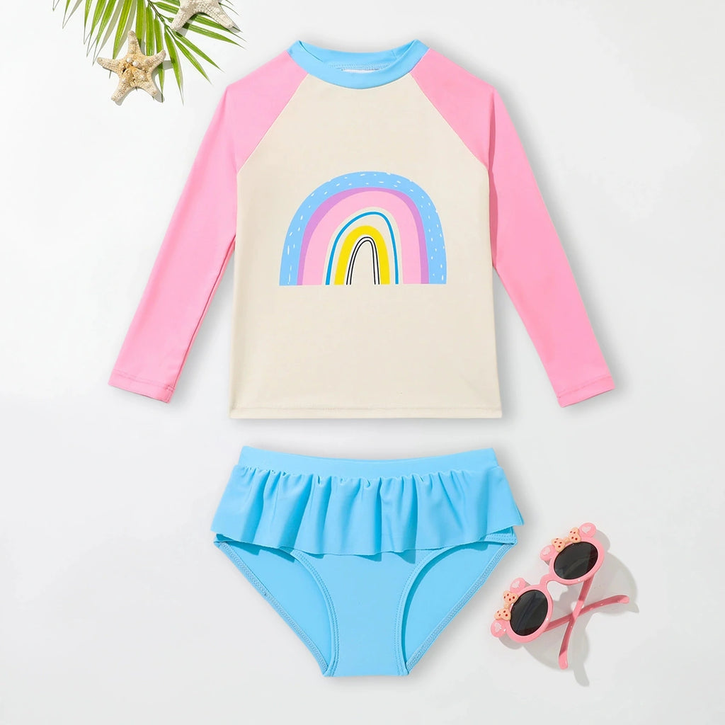 Girls Pink Rainbow Print Long Sleeves T-Shirt With Ruffled Briefs Swimwear Sets Sets Pink 3-4 Y