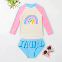 Girls Pink Rainbow Print Long Sleeves T-Shirt With Ruffled Briefs Swimwear Sets Sets Pink 3-4 Y